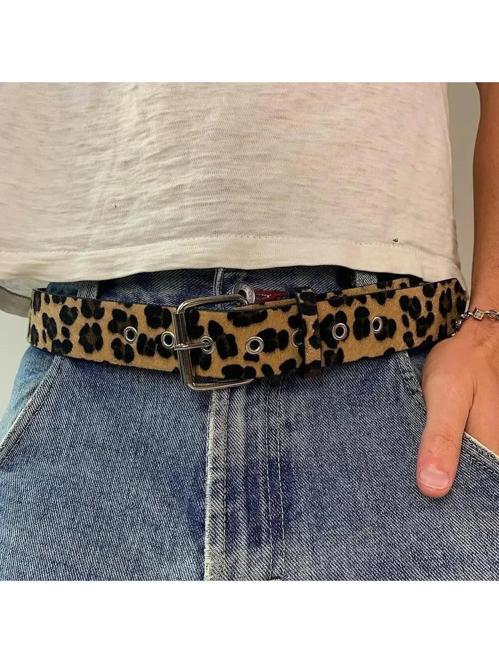 Cyber Bullet belt Cheetah Fur studded vintage y2k style. Cool grunge/punk look